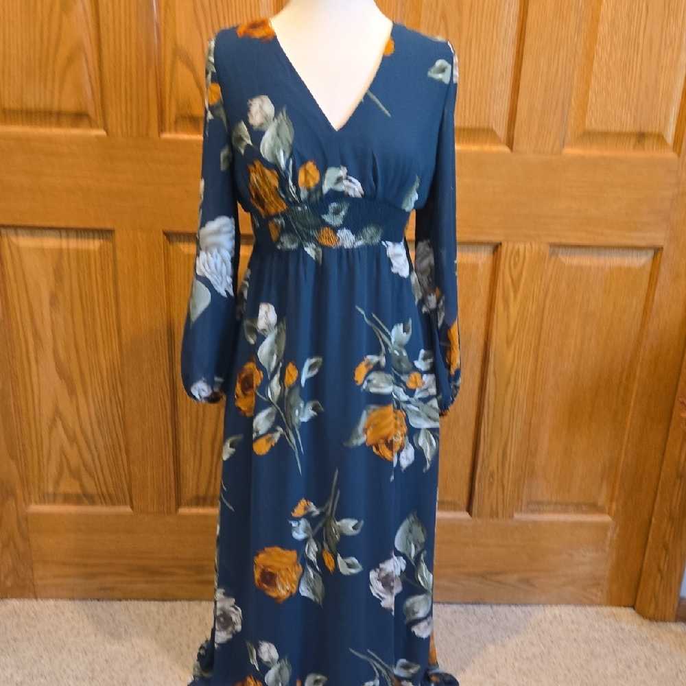 Floral V-Neck Maxi Dress in Teal and Mustard